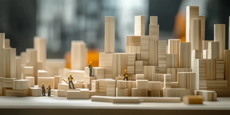 In un micro mondo fatto di blocchi di legno molto lineari e regolari alcuni piccoli operai sono al lavoro per costruire