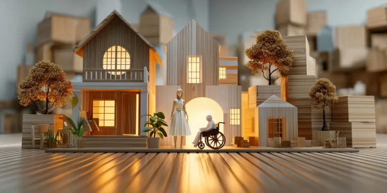 in front a wooden house a caregiver standing beside an elder person on a wheelchair