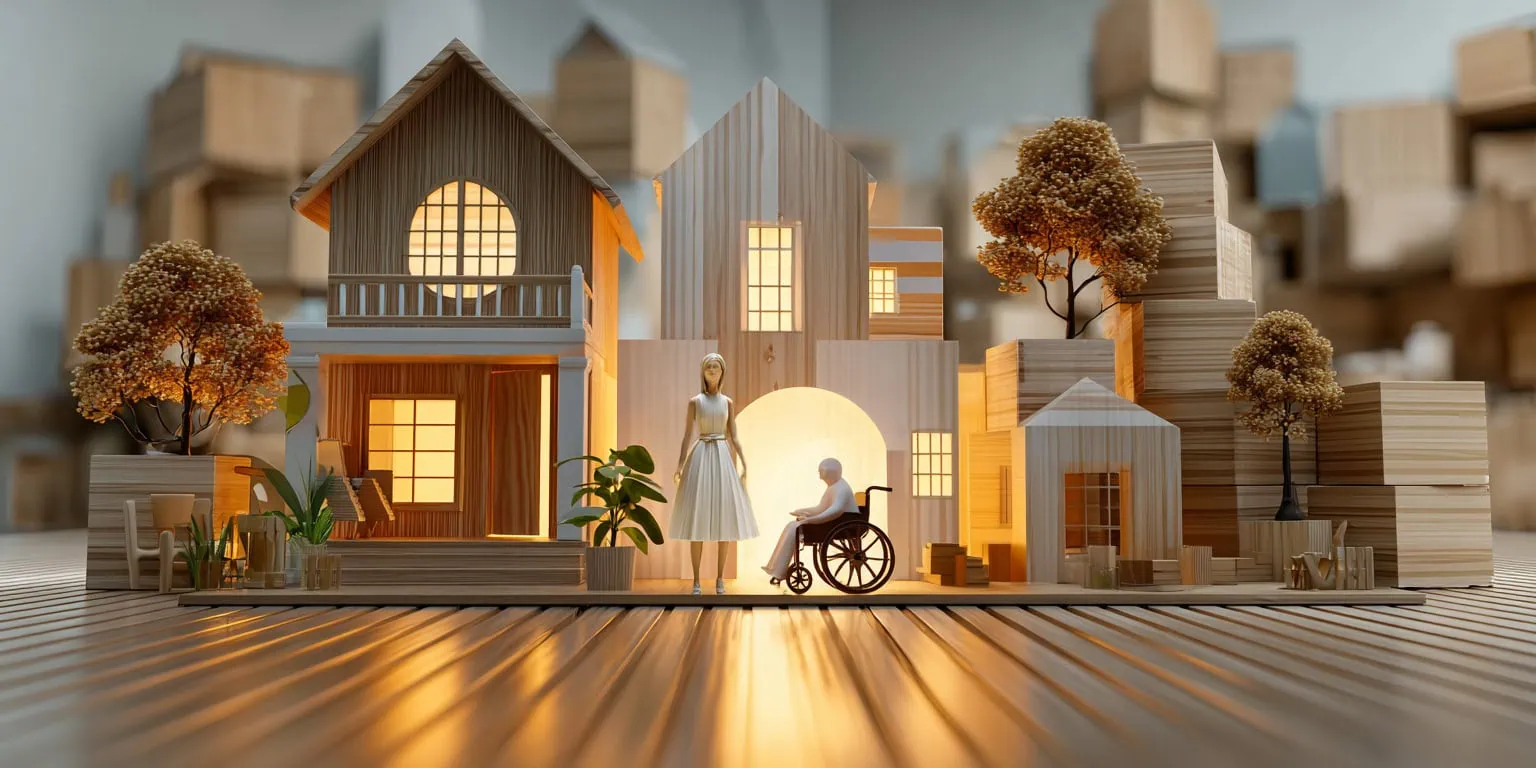 in front a wooden house a caregiver standing beside an elder person on a wheelchair